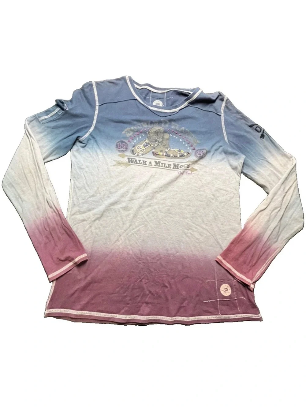Double D Ranch Women XL Blue Gray Purple Ombre V-Neck Beaded Graphic T-Shirt, XL